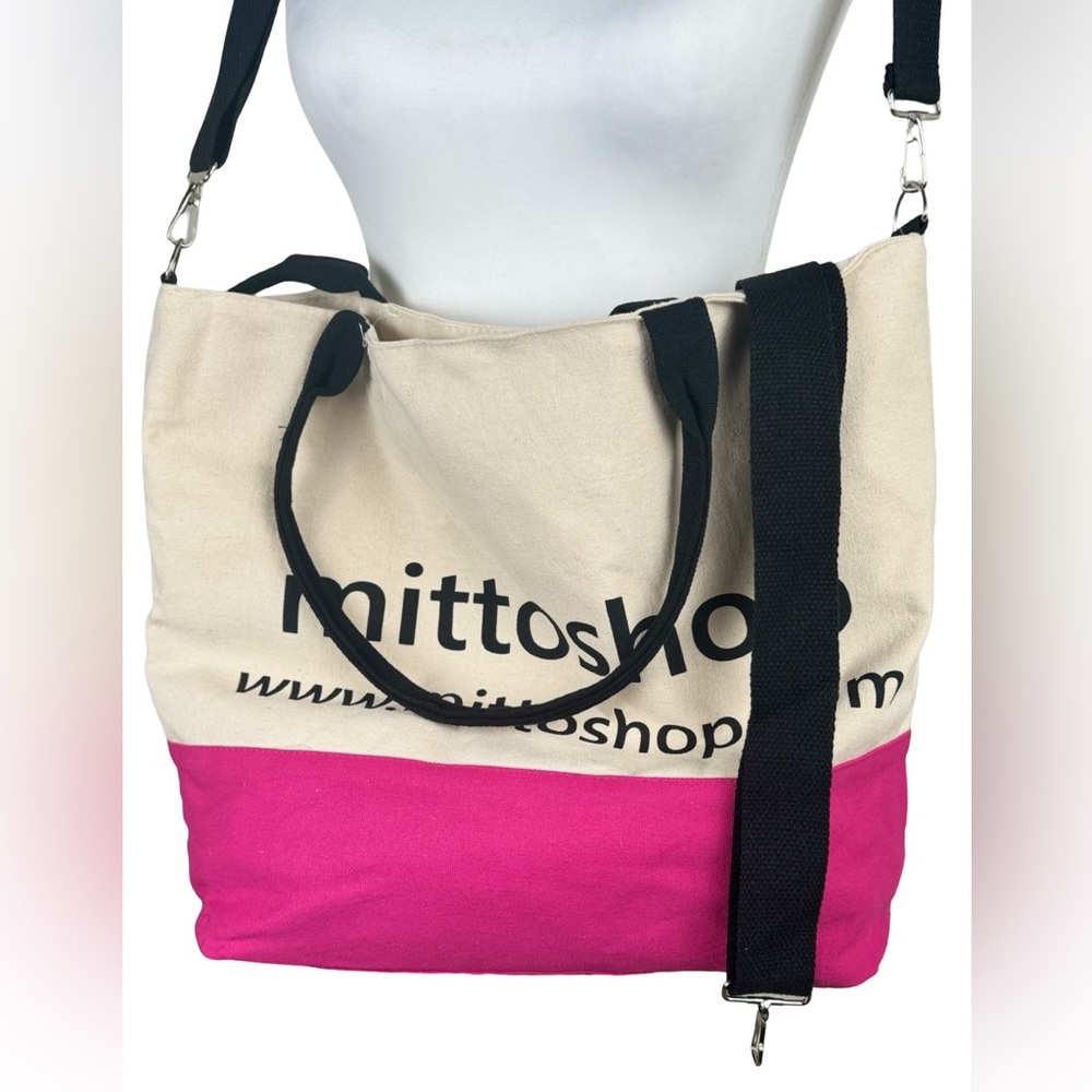 Mittoshop Large Canvas Pink & Khaki Crossbody Handbag Beach Carry On Tote Bag - Picture 3 of 9